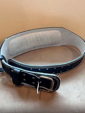 Men's Black Leather Weightlifting Belt with White Stitching